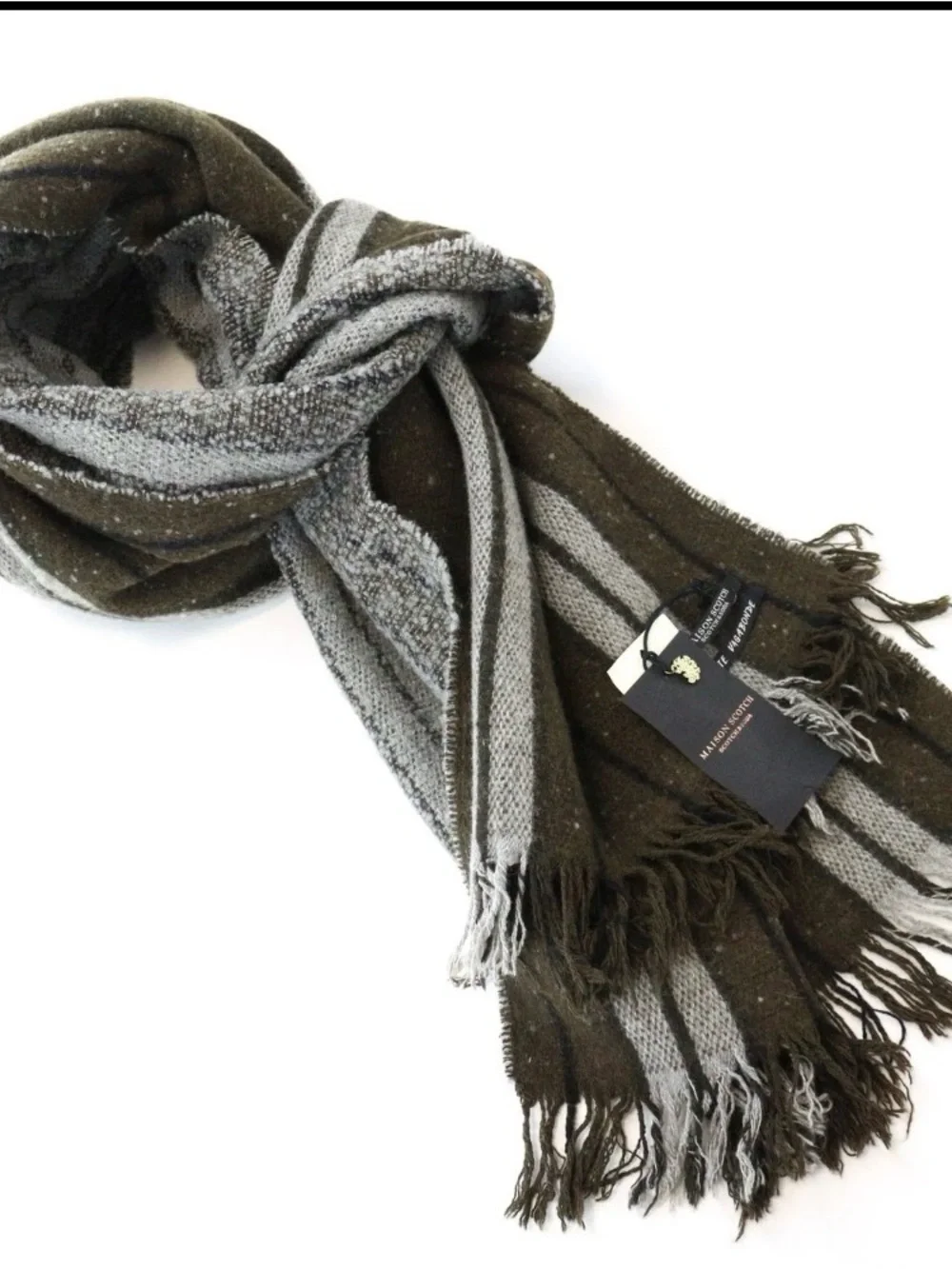 Scotch & Soda Olive and Gray Striped Knit Scarf
